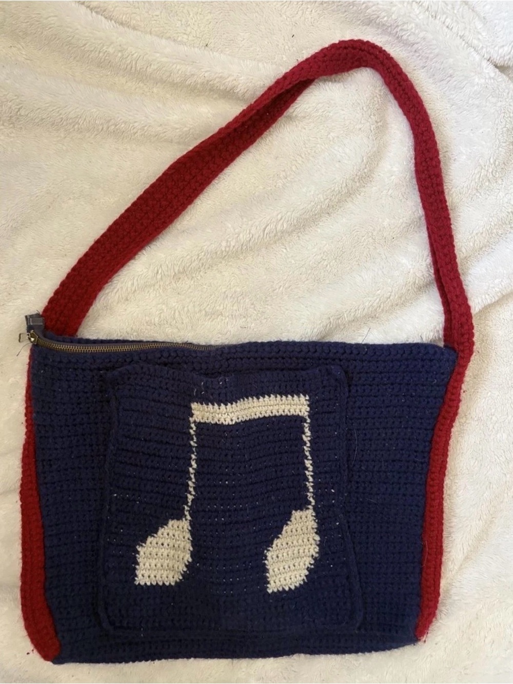 Handmade Navy Crochet Shoulder Bag with Cream Music Note and Red Strap